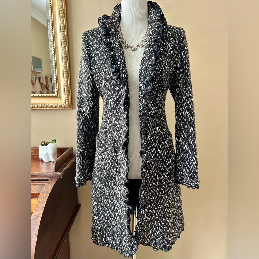 DKNY Wool Tweed Black Brown White Coat Ruffle Trim Size 4